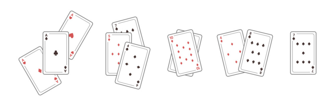 Aces and number cards combinations, isolated open playing decks. Vector gambling. Poker and bridge, uno and blackjack. Casino or party games. Having fun and leisure, entertainment and hobby