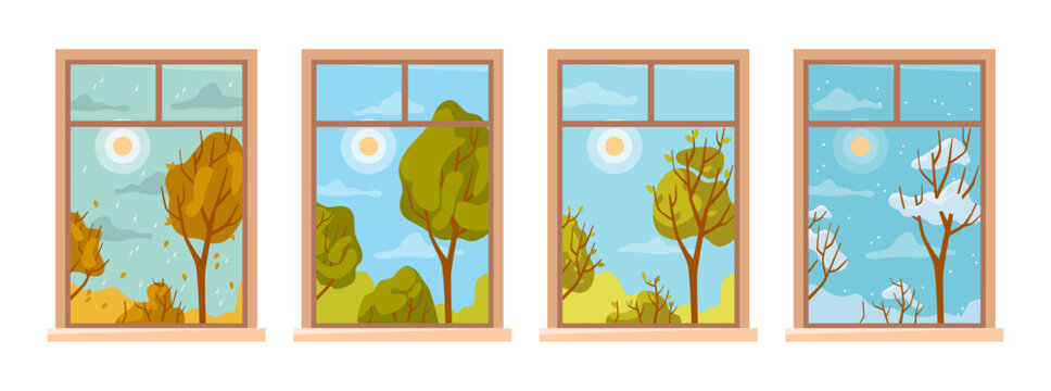 Window view during different seasons. Vector in flat style, isolated set of landscapes with park at winter and spring, summer and autumn. Snowfall and rainfall, sunny and gloomy weather