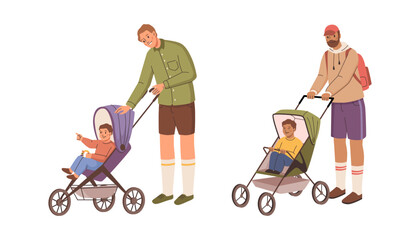 Dad walking with child sitting in stroller. Vector in flat style, isolated male character parenting. Parenthood and care for children. Strolling with infant or toddler in pushchair or buggy