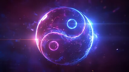 Vibrant glowing Yin and Yang symbol in a cosmic space with blue and purple nebula.