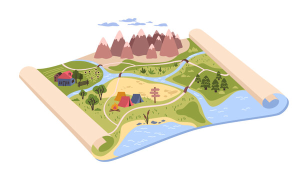 Wildlife reservation, isolated scroll of 3d map of terrains with rivers, mountains and forests. Vector hiking and outdoor planning for tourists and campers. Trails and elevation changes
