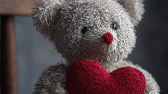 A charming close-up captures a soft, plush teddy bear gently holding a vibrant red knitted heart against its chest. The adorable bear features fluffy light grey fur, small dark eyes, and a prominent r