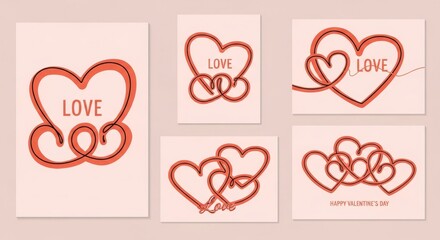 Collection of abstract heart shapes and the word love in a continuous line art style, representing romance and affection