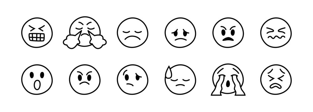 Emotions negative monochrome style set. Vector unpleasant characters with grayscale faces. Grimacing and steam from nose, sad but relieved, loudly crying and downcast icons