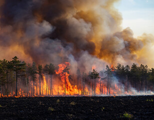 Forest wildfire scene, large flames spreading through dense forest, dramatic smoke-filled sky, environmental education concept, realistic photography style, high resolution