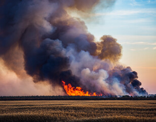 Forest wildfire spreading rapidly, flames and smoke visible from distance, cinematic lighting, climate and environmental awareness theme