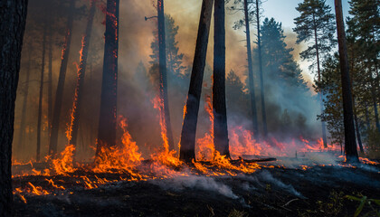 Wildfire disaster in forest, intense flames and thick smoke, dramatic lighting, climate change awareness, realistic environmental scene