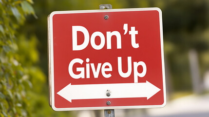 Motivational road sign, reminding people to persevere and encouraging resilience. The message advocates determination and a positive attitude in challenging situations; Never give up!