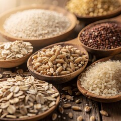 Fototapeta premium Diverse selection of whole grains like quinoa, oats, rice, and wheat in wooden spoons on rustic wood for healthy eating and natural nutrition concept