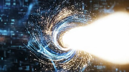 AI data flow vortex tunnel with swirling light trails over digital city grid - Powered by Adobe