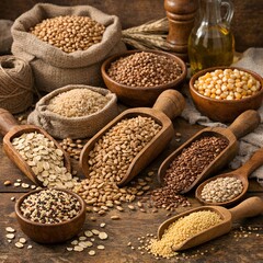 Naklejka premium Assortment of healthy grains, legumes, and seeds displayed on a rustic wooden table for wholesome nutrition concept and natural food ingredients