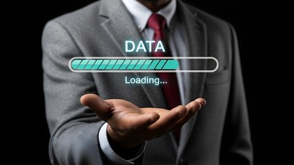 Businessman holding a holographic data loading bar above an open hand symbolizing digital processing and system updates