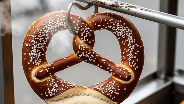 A salted pretzel hangs from a metal rack in a bakery.