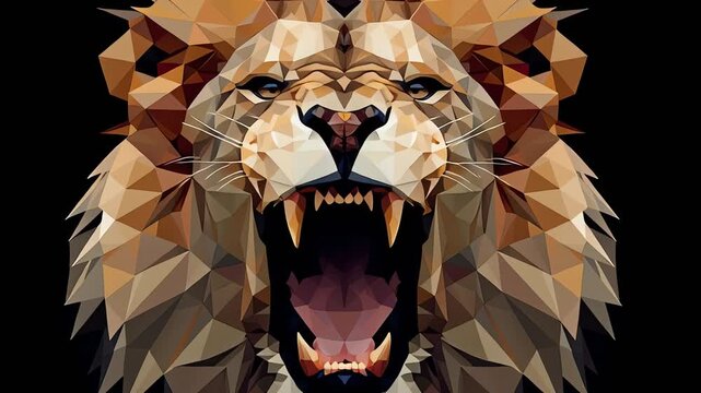 A powerful and striking low-poly geometric illustration of a roaring lion's head with sharp teeth and an open mouth, set against a dark background.