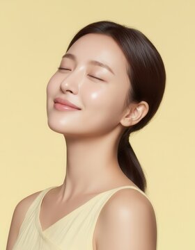 Korean AI Beauty Model on Yellow Background, Cosmetic Portrait of Korean Woman in Yellow, Korean Female Skincare Stock Photo, Yellow Backdrop Beauty Shot of Asian AI Model, K-Beauty AI Model in Yellow