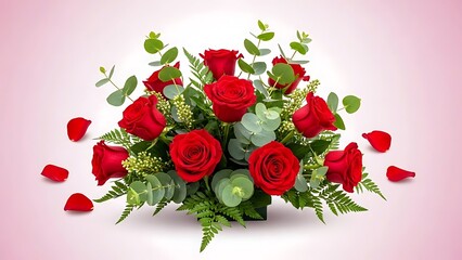 Beautiful bouquet of red roses and green leaves on pink background