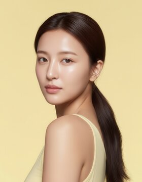 Korean AI Beauty Model on Yellow Background, Cosmetic Portrait of Korean Woman in Yellow, Korean Female Skincare Stock Photo, Yellow Backdrop Beauty Shot of Asian AI Model, K-Beauty AI Model in Yellow
