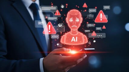 Businessman observing holographic display showing artificial intelligence system failure with numerous critical error notifications popping up from a mobile device.