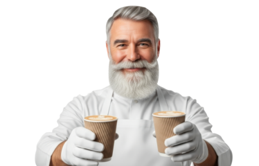 Smiling bearded man offering takeaway coffee cups