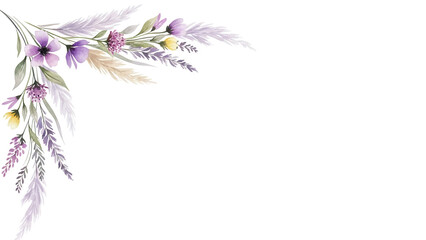 Soft minimal watercolor corner border with wildflowers and pampas grass in lavender tones isolated on white background
