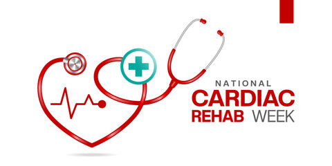 National Cardiac Rehab Week. Heart shape Stethoscope and plus icon. Great for cards, banners, posters, social media and more. White background.  