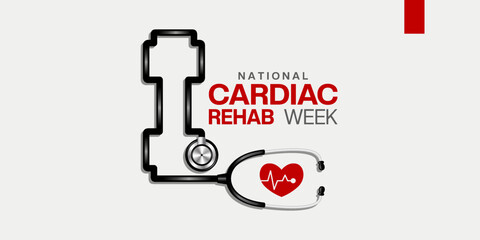 Obraz premium National Cardiac Rehab Week. Barbell shape Stethoscope and heartbeat. Great for cards, banners, posters, social media and more. White background. 