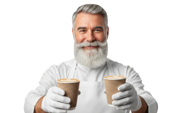 Smiling bearded man offering takeaway coffee cups - Powered by Adobe