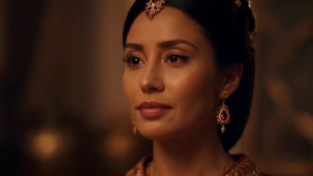 Young elegant woman with dark hair wearing traditional indian jewelry and formal attire, calm facial expression against softly lit interior background. Concept of cultural identity and feminine bea