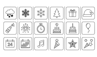 Minimal New Year and Christmas Outline Icons Set for Apps Presentations and Web Design