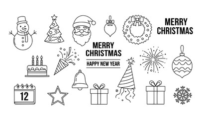 Merry Christmas and Happy New Year Linear Icon Collection for Greeting Cards and Events