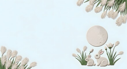 お月見の満月とうさぎとススキのクレイアートフレーム背景