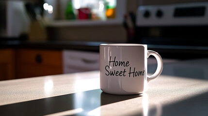 A cozy, comforting scene with a mug on a countertop in a kitchen setting, symbolizing warmth and contentment. Morning light emphasizes the peaceful ambiance.