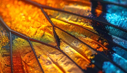 Translucent panels glow orange to blue with dark lines dividing segments in this detailed, macro shot
