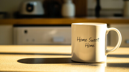 A mug with "Home Sweet Home" sits in the sunlight on a kitchen counter. The background is blurred, bringing focus to the mug and its comforting message of domestic tranquility.