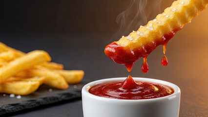 Hot crinkle french fry dipping into ketchup bowl with steam and dripping sauce on dark background