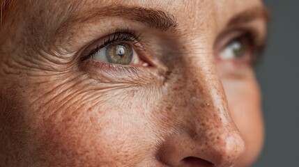 Close-up of a woman's face revealing her eye, freckles, and crow's feet