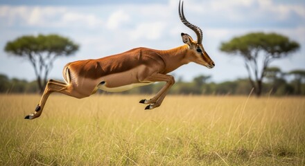 Impala standing alert on African savanna with slender body and curved horns. A graceful antelope known for its speed, agility, and elegant jumping ability in the wild.