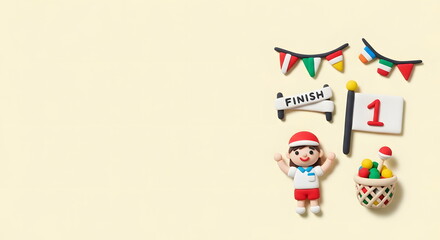 運動会の子供たちと万国旗のかわいいクレイアート背景