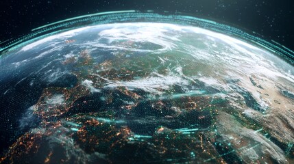 Earth digital data network concept with artificial intelligence, big data analytics, global technology innovation, connected systems, future science and worldwide information flow