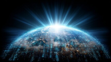 Earth digital data network concept with artificial intelligence, big data analytics, global technology innovation, connected systems, future science and worldwide information flow