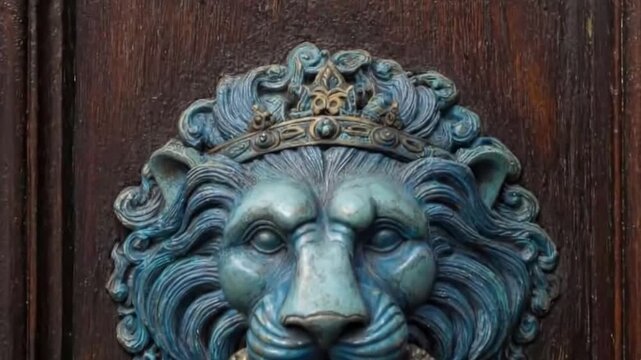 A detailed close-up shot captures an exquisitely ornate lion head door knocker mounted on a rich, dark wooden door. The majestic lion, crafted from aged metal with a beautiful blue-green patina, wears
