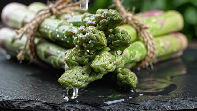 Wet asparagus stalks bundled with twine rest on dark slate capturing light