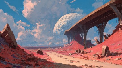 post-apocalyptic Earth landscape, vast desert of red sand and crystalline formations, a shattered highway overpass leads to a colossal, decaying geodesic dome
