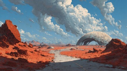 post-apocalyptic Earth landscape, vast desert of red sand and crystalline formations, a shattered highway overpass leads to a colossal, decaying geodesic dome
