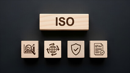 Wooden blocks displaying the letters ISO above icons representing global process quality assurance and certified standards compliance