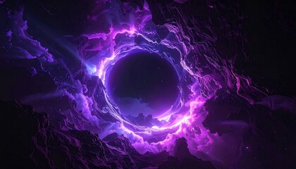 A vibrant purple portal glowing with energy surrounded by dark landscape from a close-up viewpoint
