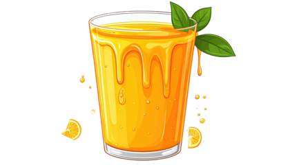 Glass full of orange liquid, drips and mint garnish