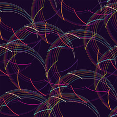 An abstract seamless pattern with thin colored lines forming a pattern on a dark background. Vector illustration for your backgrounds and prints.