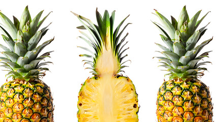 Whole and halved pineapple fruits isolated on transparent background, tropical