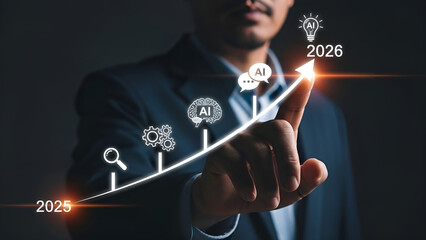 Businessman projecting future growth trajectory influenced by artificial intelligence implementation leading to innovation by 2026